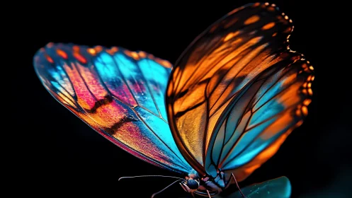 Radiant butterfly wings glow with neon light against night