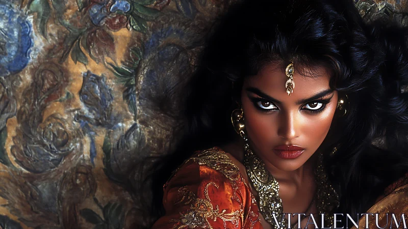 High contrast portrait of jeweled woman against floral brocade