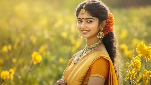 Sunlit saree and wildflowers spin quiet gold into joy