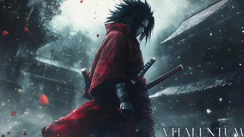 Red-clad swordsman in snow amid traditional rooftops.