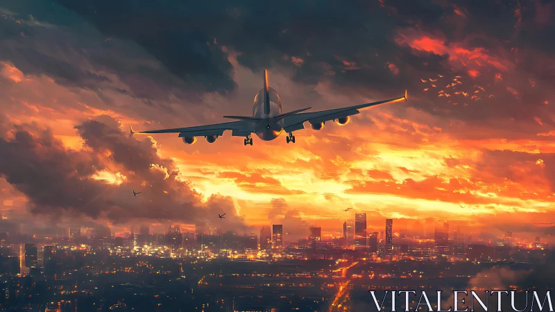 Passenger jet descends toward illuminated city at sunset