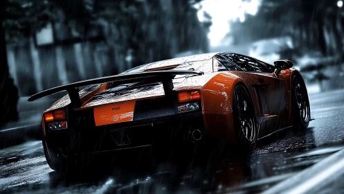 Orange supercar powers through wet city street in rain