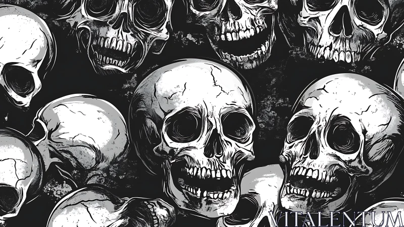Monochrome illustration arranges overlapping human skull forms