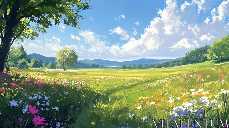 Sunlit wildflower meadow under expansive summer sky.