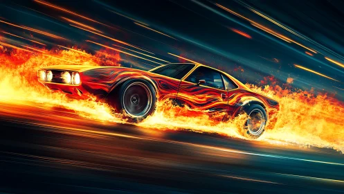 Blazing muscle car roars through night in a trail of fire