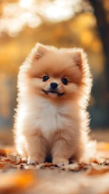Soft autumn Pomeranian pup enjoys a golden leaf filled day