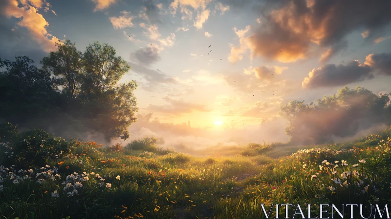 Radiant mist-field sunrise with volumetric atmospheric bloom.