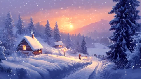 Winter cabins glow beneath a serene pastel sunset sky.