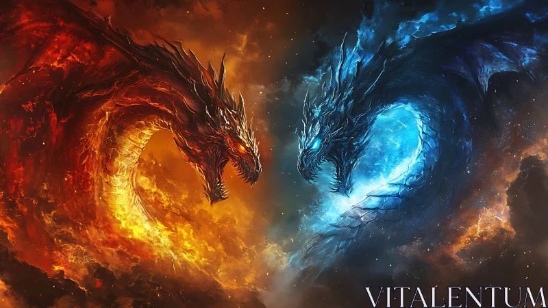 Fire and ice elemental dragons in direct mirrored standoff.