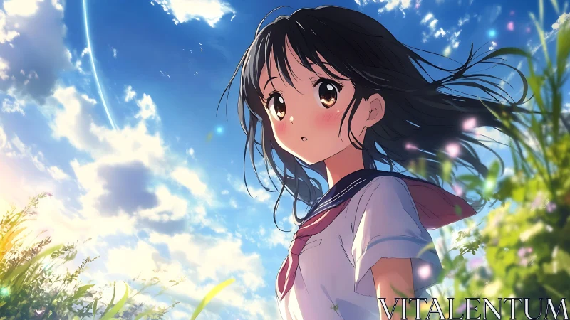 Anime schoolgirl under bright blue summer sky outdoors.