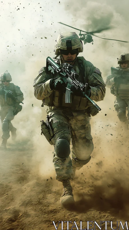Combat soldiers advance through dusty battlefield under fire.