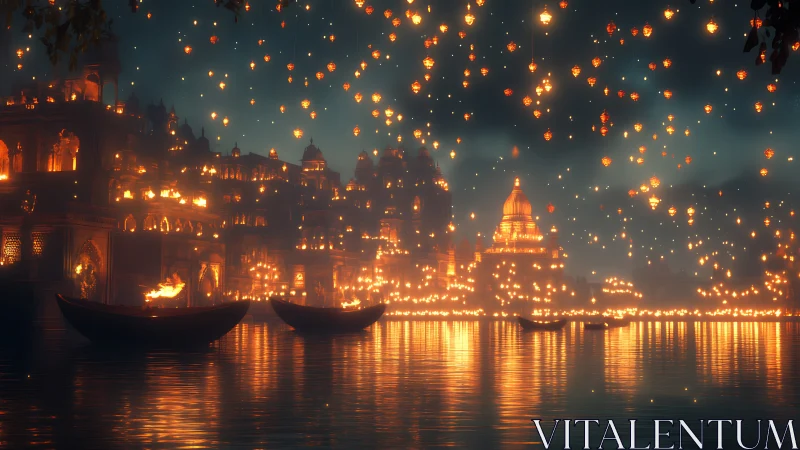 Lantern lit river city with glowing temples at night festival.