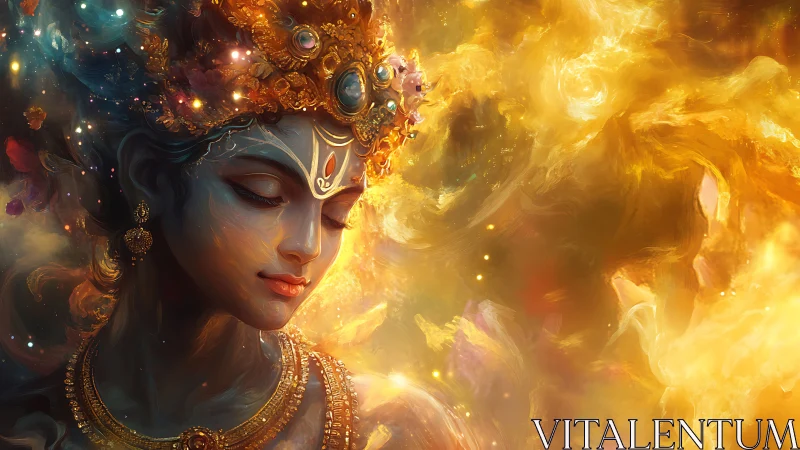 Divine blue-skinned goddess emerges within swirling golden nebula