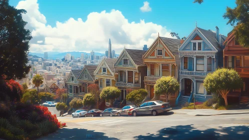 Victorian hillside streetscape with saturated pastel facades.