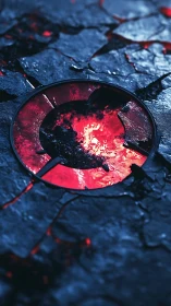 Molten core emblem embedded in fractured stone plate.