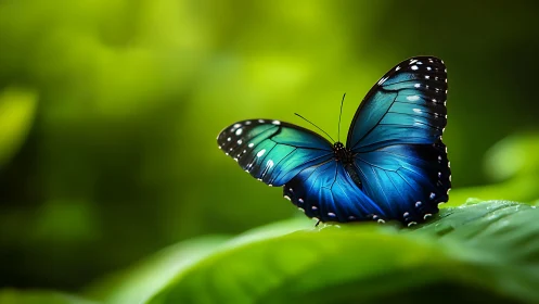 Blue morpho butterfly rests on dewy leaf in soft bokeh forest
