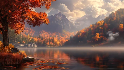Autumnal alpine lake reflects luminous foliage and distant peaks