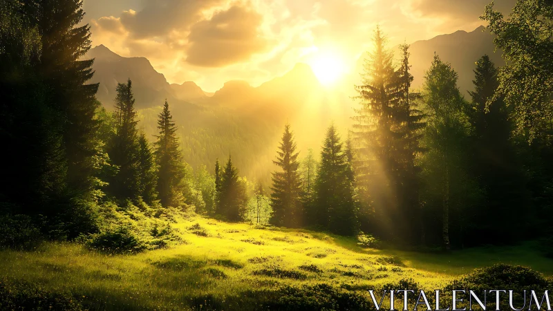 Sunlit alpine forest clearing under radiant golden sunrise.