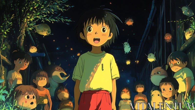 Child meets glowing forest spirits under starlit night sky.