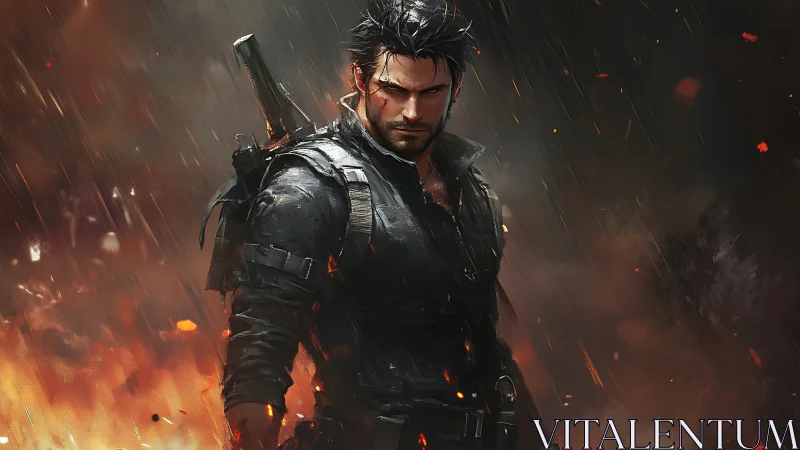 Stormlit warrior walks through burning rain and restless embers