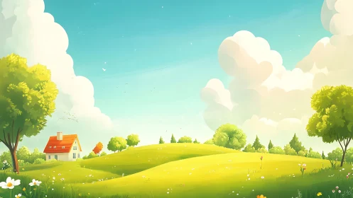 Rural house on rolling green hills under large cloudscape.