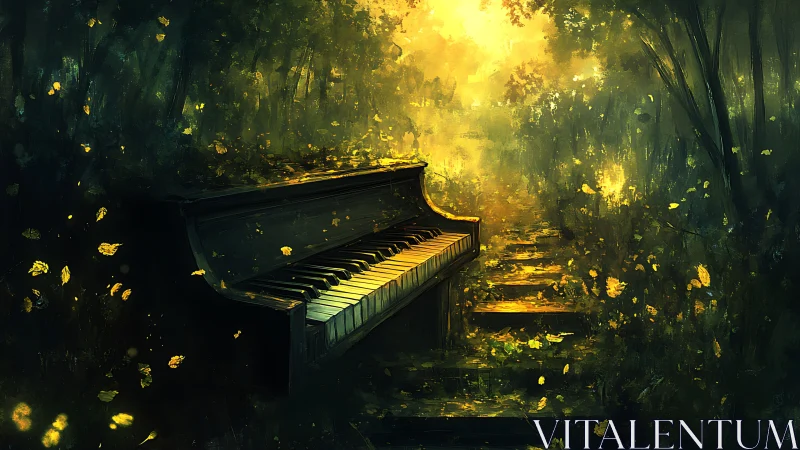 Forest piano glows under golden ethereal morning light.
