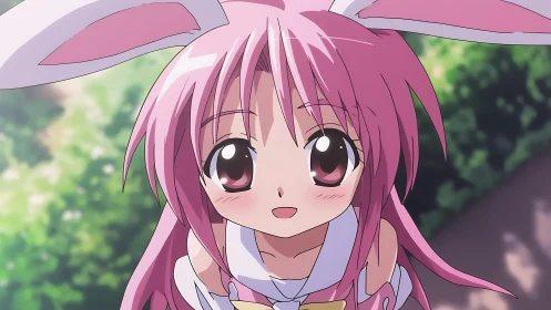 Pink haired bunny girl in bright outdoor anime portrait.