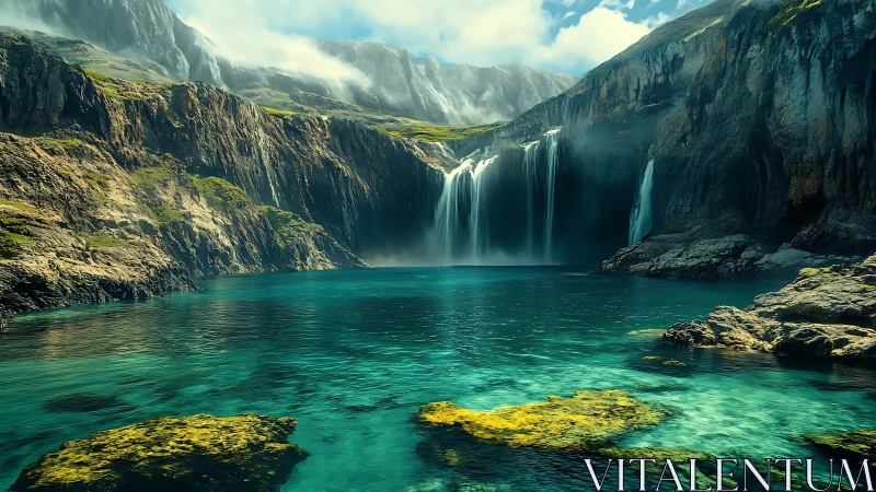 Hyperreal alpine lagoon with multi-source cascading waterfalls.