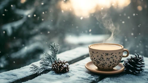 Snow-kissed pinecones cradle a steaming winter tea ritual.