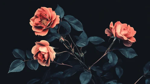 Coral Roses Against Teal Foliage and Dark Background.
