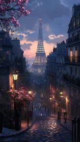 Twilight Parisian street descending toward glowing tower.
