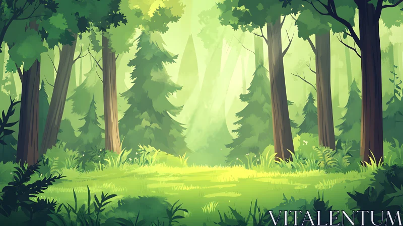 Serene Forest Clearing Where Light Dances Through Ancient Trees.