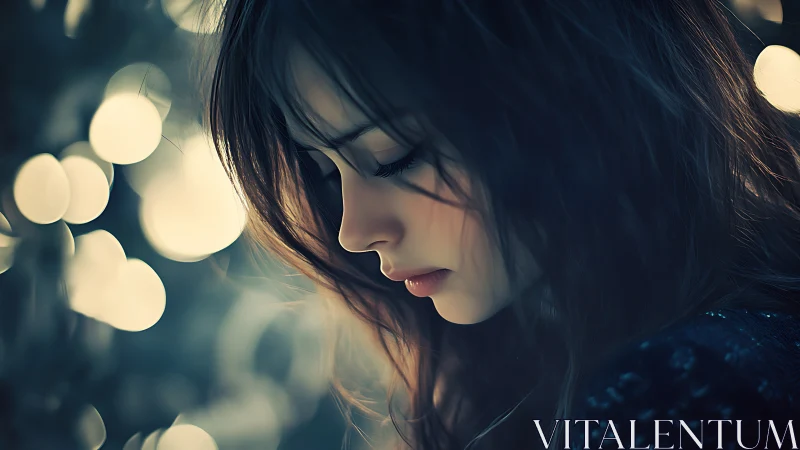 Profile portrait of young woman with blurred light orbs.