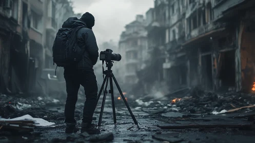 War photographer documenting ruins in destroyed city street.
