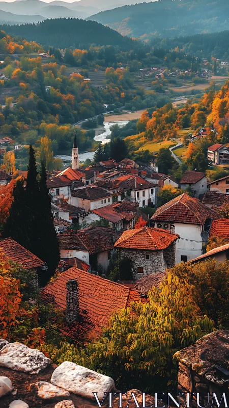Sunlit hillside village with cozy red rooftops and river views.