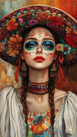 Portrait depicts woman in floral hat with stylized face paint