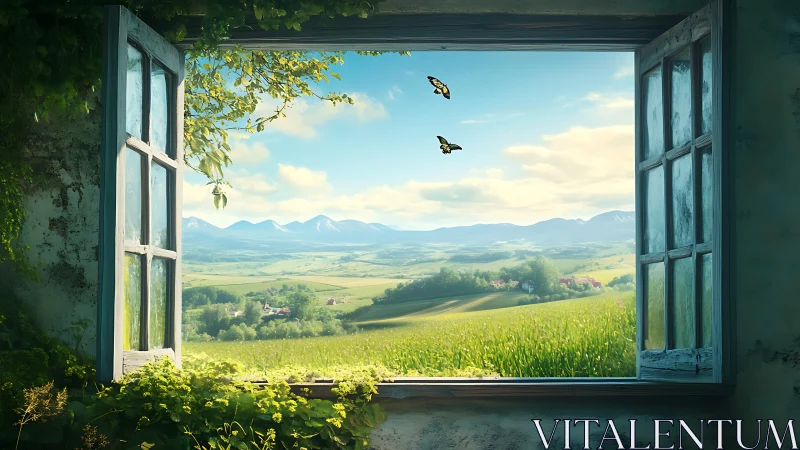 Open window framing rural valley, fields and distant mountains.