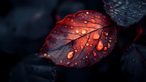Macro view of red leaf with water droplets in low key lighting
