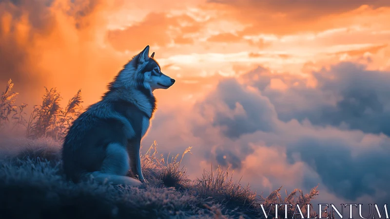 Husky dog sitting on cliff edge above glowing sunset clouds.