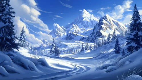 Snowlit mountain valley with winding winter path at dawn.