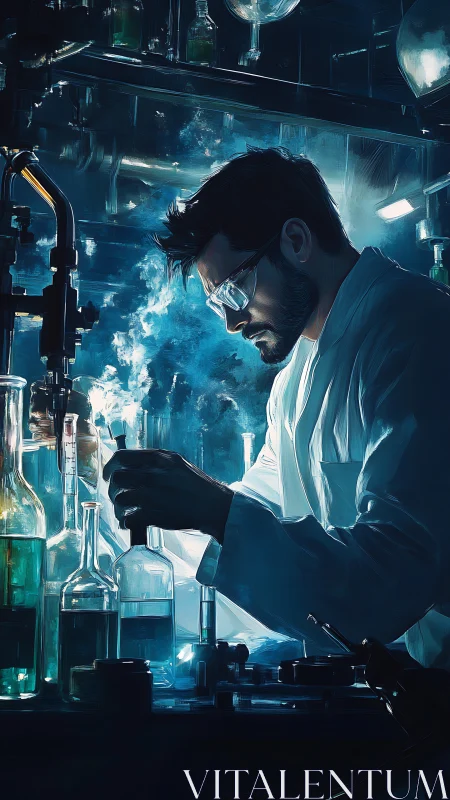 Midnight chemist immersed in glowing blue laboratory haze.