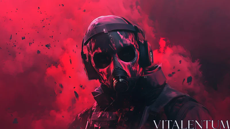 Crimson smoke swirls around a lone masked tactical figure