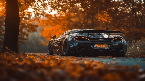 Autumn forest road welcomes a sleek sports car at sunset