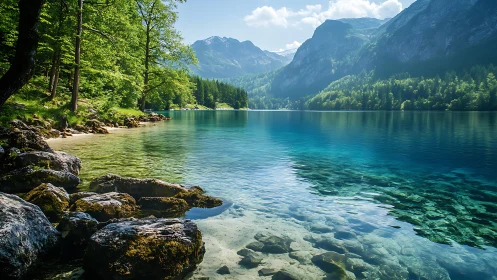 Crystal singing lake cradled by quiet emerald mountains.