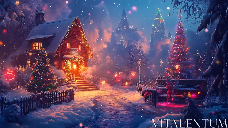 Snowy village street shows illuminated Christmas house and trees