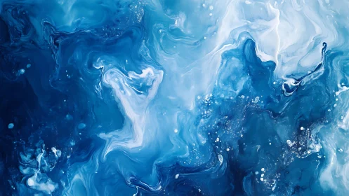Abstract blue and white fluid art painting with dreamy swirls.