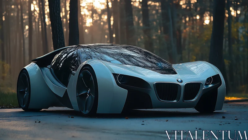 Futuristic BMW concept car glides through a misty forest road.