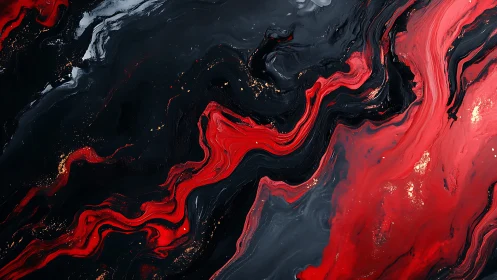 Red and black fluid abstract pattern with gold highlights.