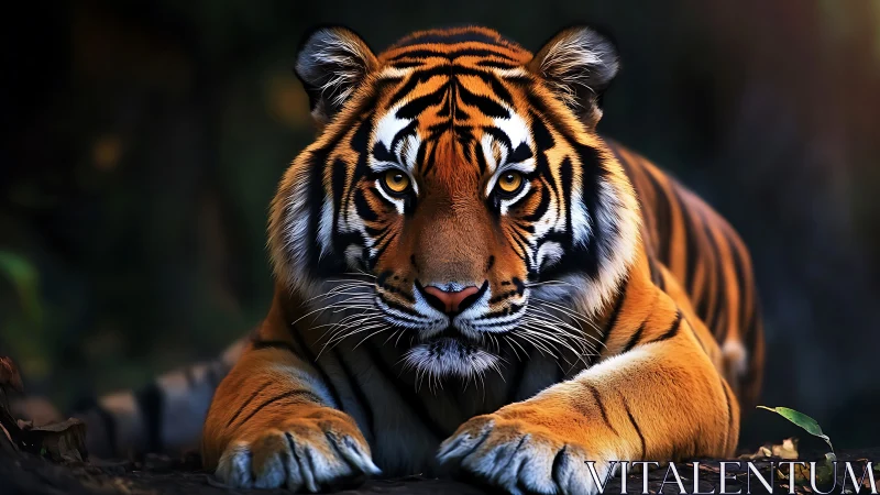 Tiger rests in dim jungle, eyes locked in piercing focus.