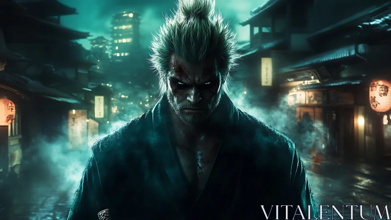 Brooding white‑haired warrior stalks a neon samurai alley.